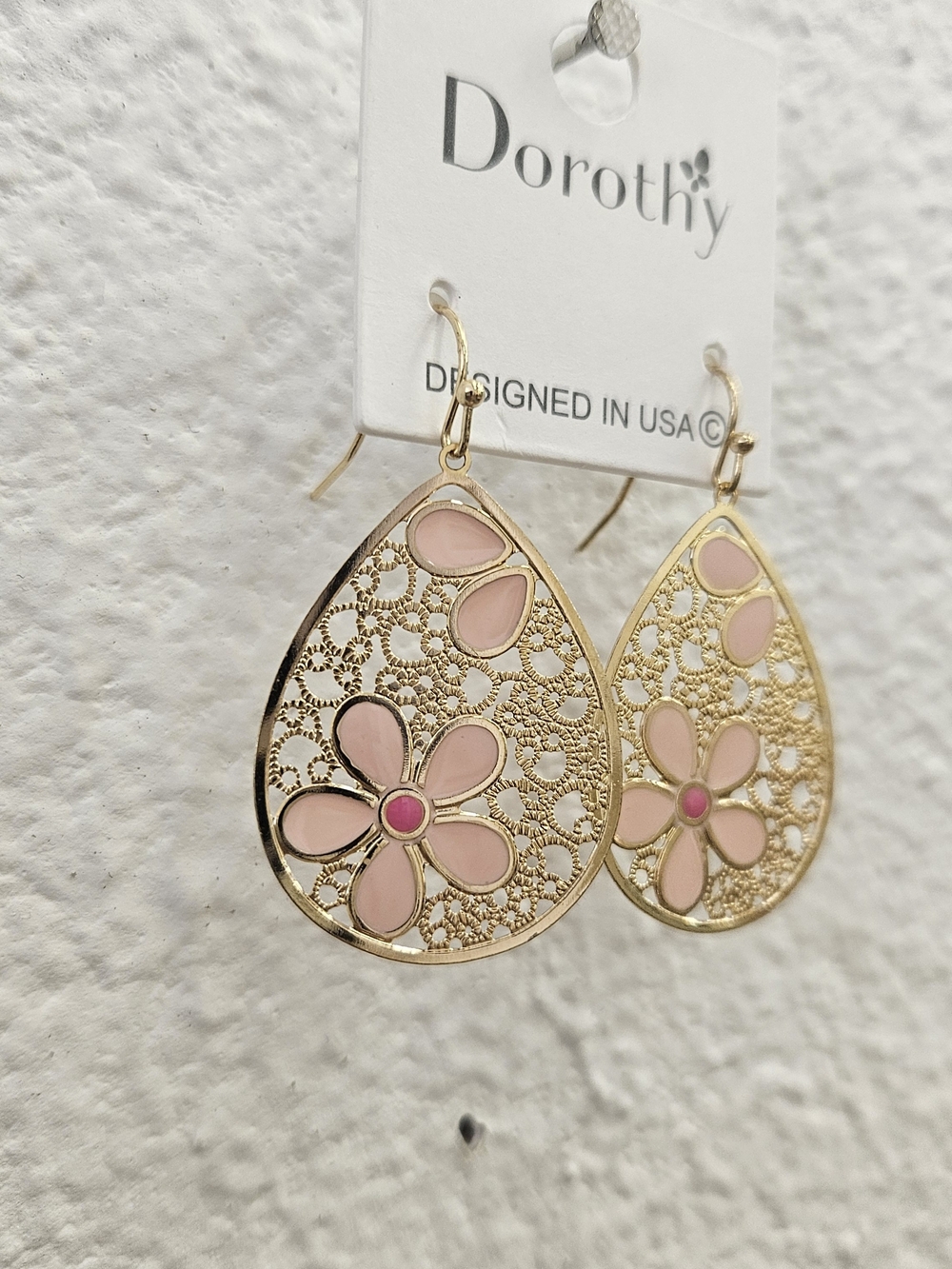 Gold and Pink Floral Teardrop Earrings - Picture 4 of 4